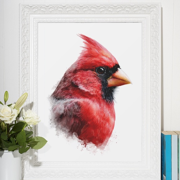 Watercolor Red Cardinal Bird Portrait Wall Art Print Unframed - Picture 6 of 6
